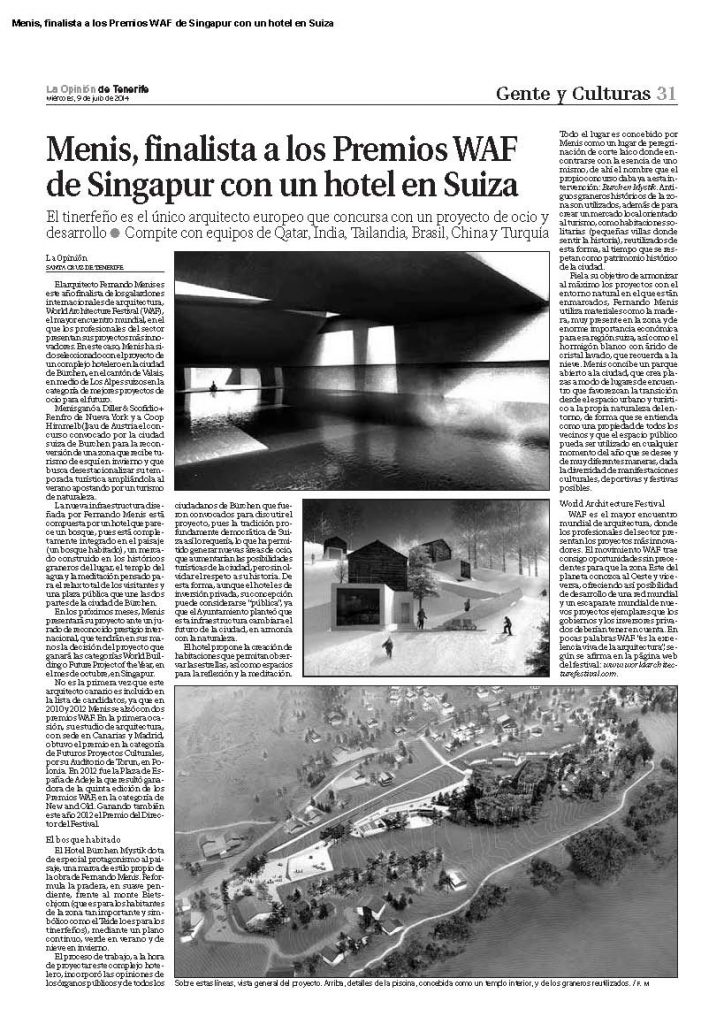 Menis finalista a los Premios WAF de Singapur con un hotel en Suiza